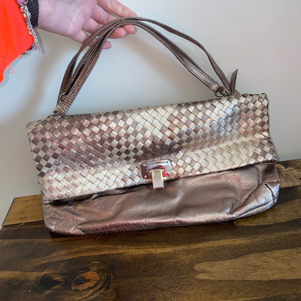 Elliott Lucca Metallic Woven Leather Fold Over Clutch Crossbody Purse Bag NEW